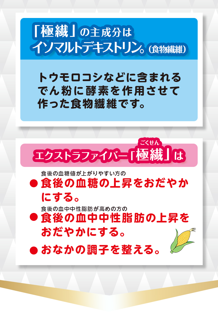 極繊（ごくせん）の主成分は イソマルトデキストリン（食物繊維）。