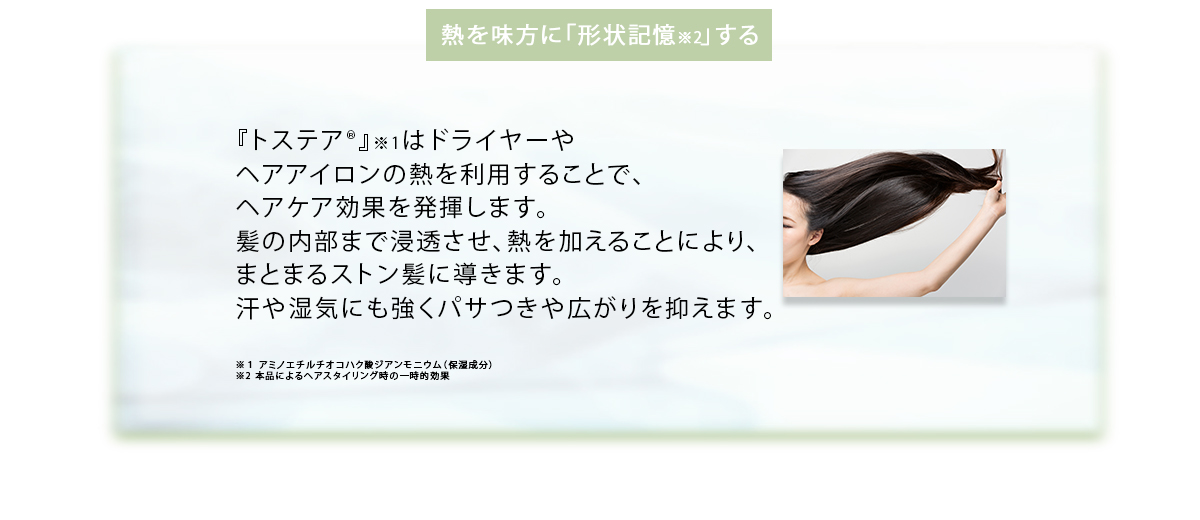 熱を味方に「形状記憶※2」する 『トステア®』※1はドライヤーやヘアアイロンの熱を利用することで、ヘアケア効果を発揮します。